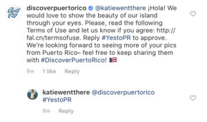 Discover Puerto Rico asking for permission to use UGC on Instagram