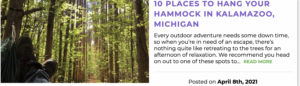 example blog post, 10 Places to Hang Your Hammock in Kalamazoo, Michigan