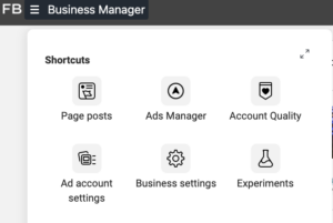 Facebook Business Manager shortcut menu