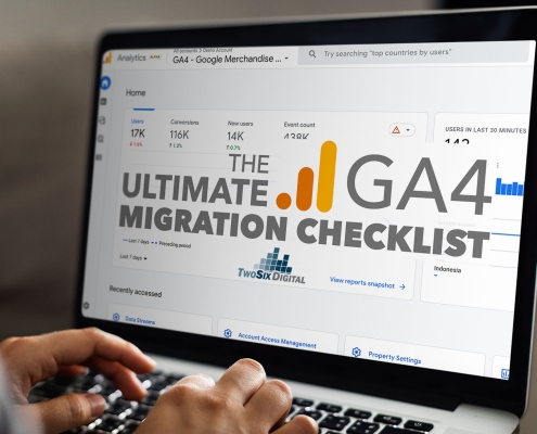 The Ultimate GA4 Migration Checklist, by TwoSix Digital. An overlay on a laptop with GA4 open in the background.