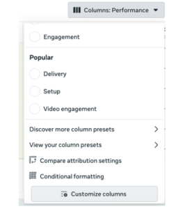 screenshot of columns in meta ads