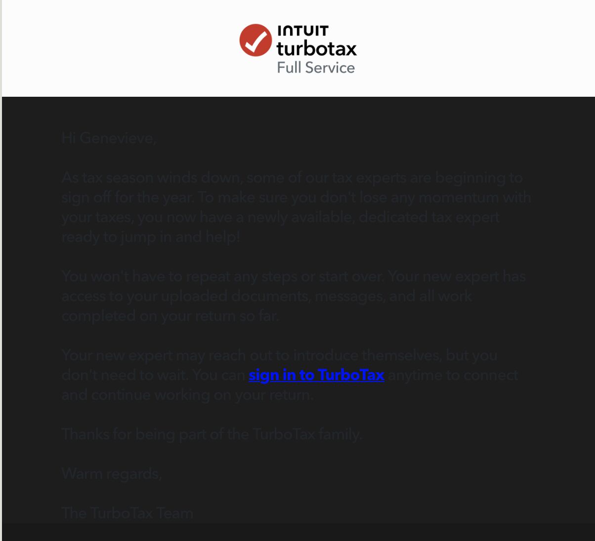 TurboTax email in dark mode - illegible 
